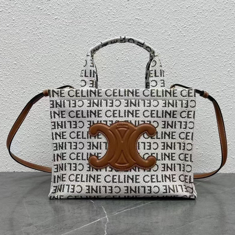 Celine 2026 Triomphe Printed Bag 26cm White Brown Black Canvas Calfskin 283599