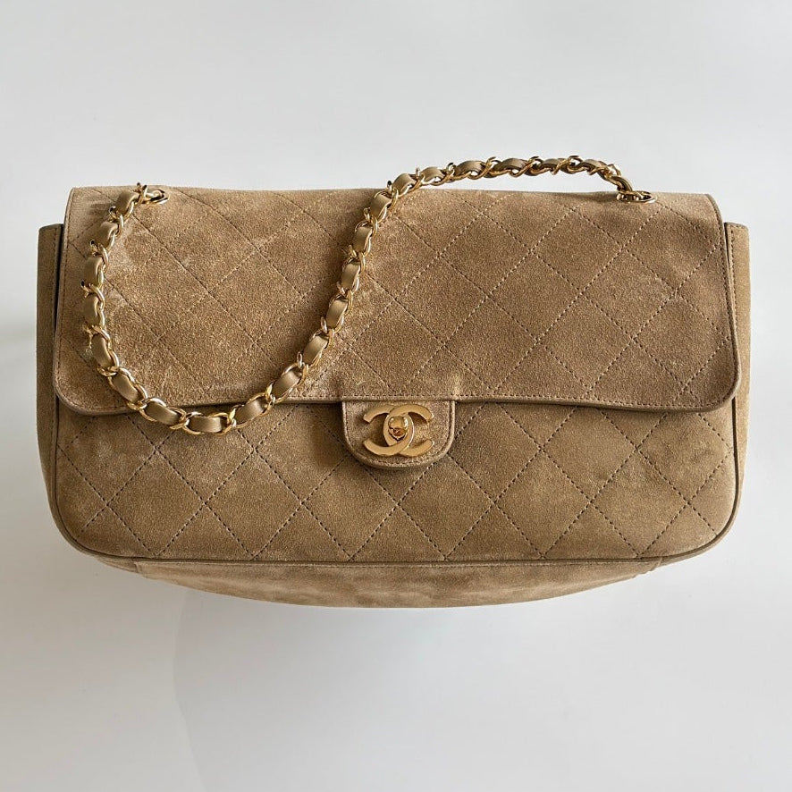 Chanel 2026 Maxi Flap Bag 32cm Beige Suede Calfskin